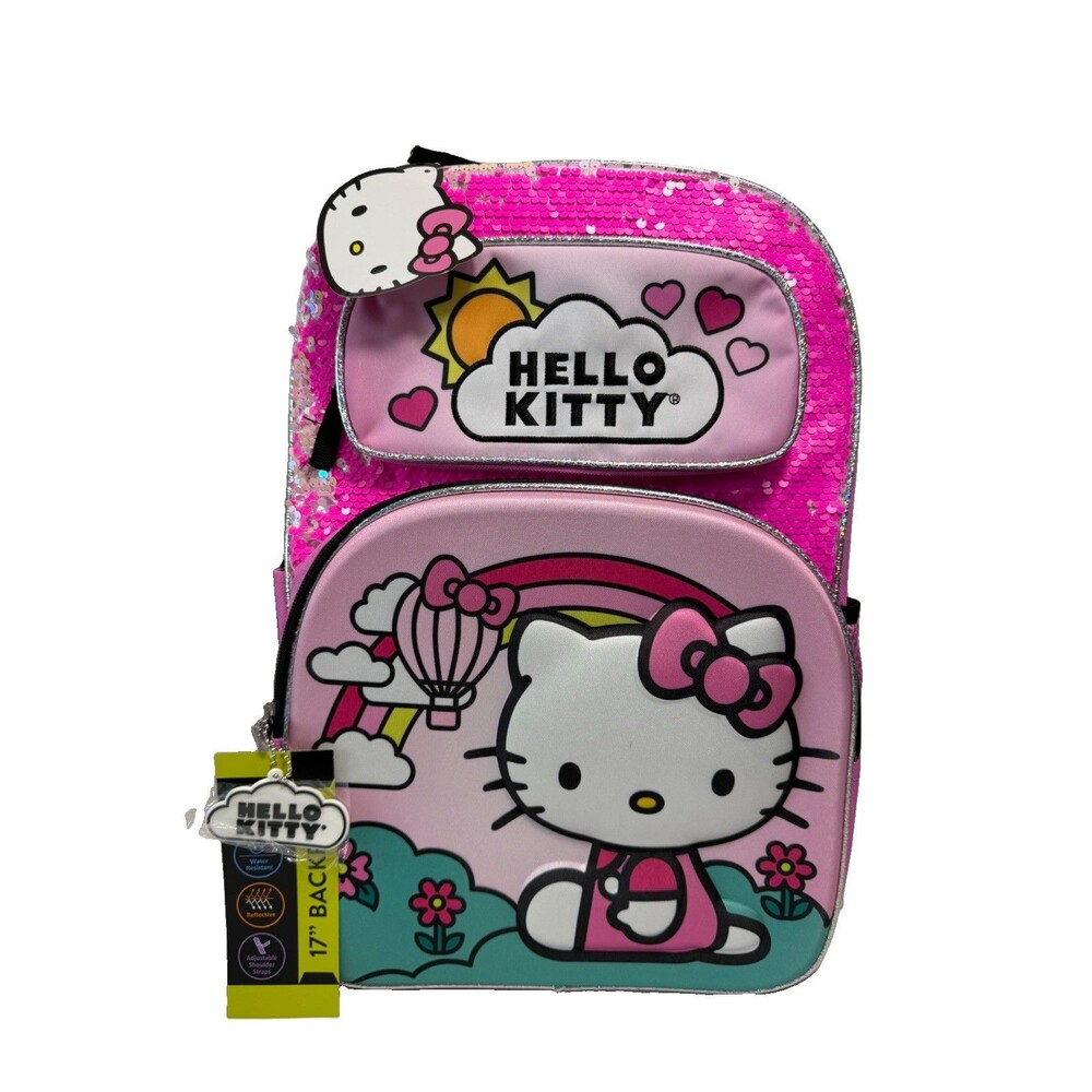 Hello Kitty Sanrio 3D Style Girls 17" Sequin Rainbow Backpack Pink New